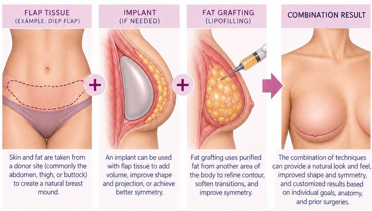 Flap tissue, an implant, and fat grafting shown combining into a single result
