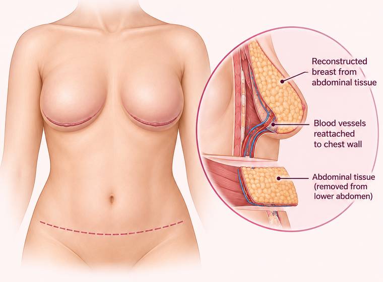 Reconstructed breasts with a low abdominal scar, and a cutaway showing abdominal tissue moved to the chest with its blood vessels reattached