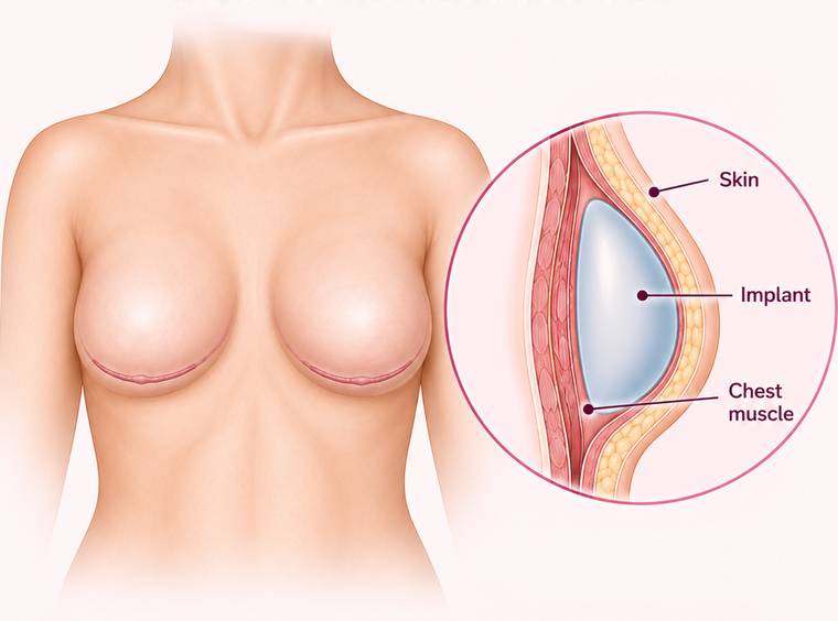Reconstructed breasts with mastectomy scars, beside a cross-section showing an implant sitting in front of the chest muscle, beneath the skin and fatty layer, with each layer labeled