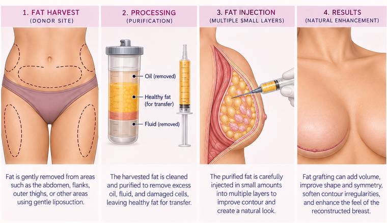 Four stages: fat harvest from the abdomen and thighs, purification in a canister, injection into the breast, and the final result