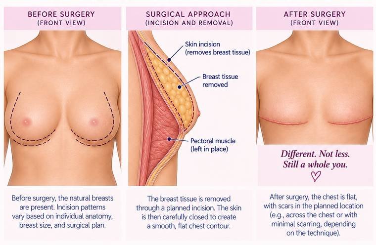 Before surgery with incision lines marked, the surgical approach with the pectoral muscle left in place, and the flat chest afterwards