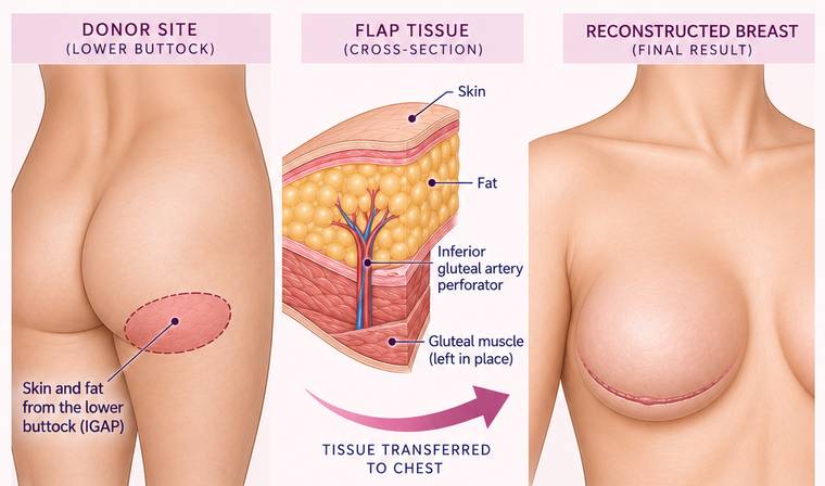 Donor area marked on the lower buttock, a cross-section of the flap tissue, and the reconstructed breast