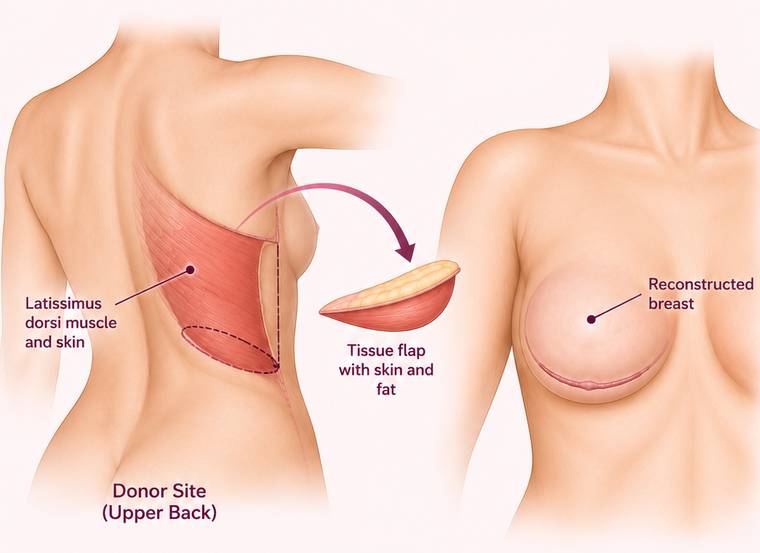 The latissimus dorsi muscle and skin marked on the upper back, with an arrow showing the tissue moved to the chest