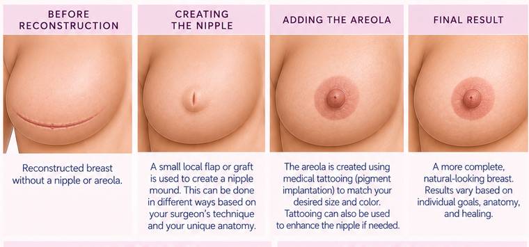 Four stages: the reconstructed breast without a nipple, the nipple mound created, the areola added by tattooing, and the final result