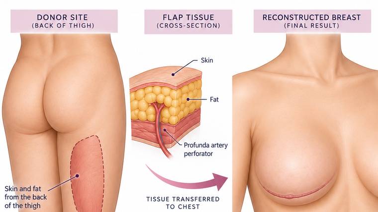Donor area marked on the back of the thigh, a cross-section of the flap tissue, and the reconstructed breast