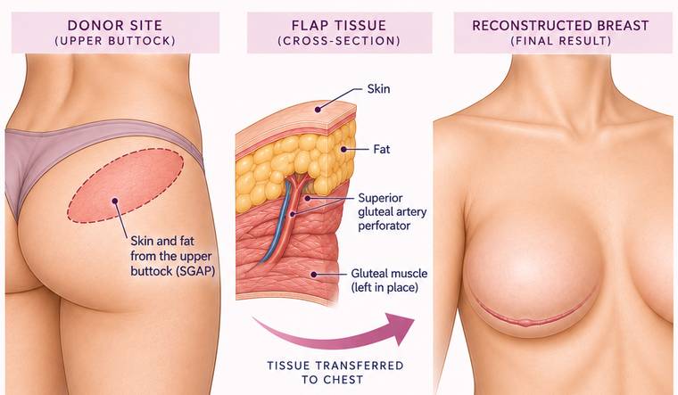 Donor area marked on the upper buttock, a cross-section of the flap tissue, and the reconstructed breast