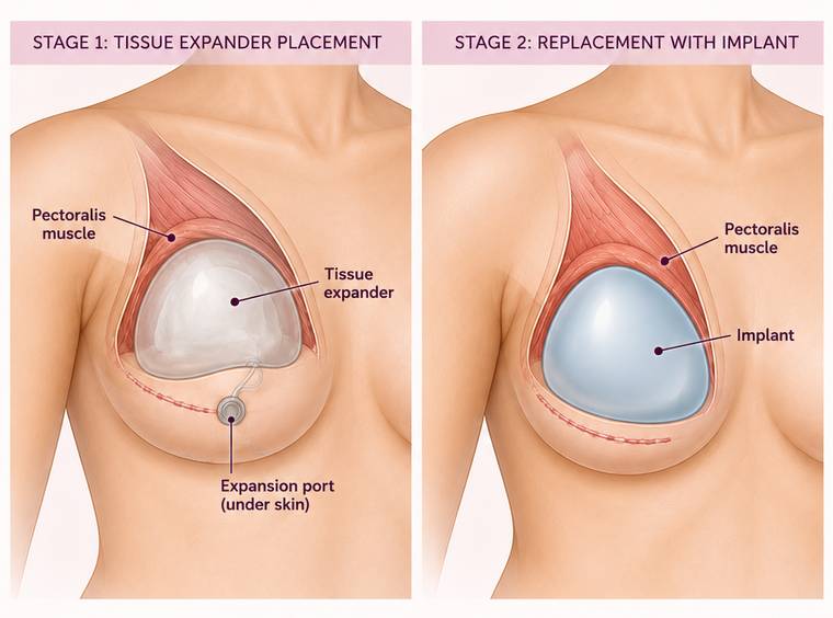 Two stages shown side by side: a tissue expander with its filling port sitting beneath the pectoralis muscle, then the permanent implant that replaces it in the same position