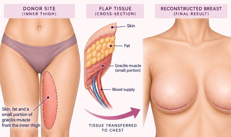 Donor area marked on the inner thigh, a cross-section of the flap tissue, and the reconstructed breast