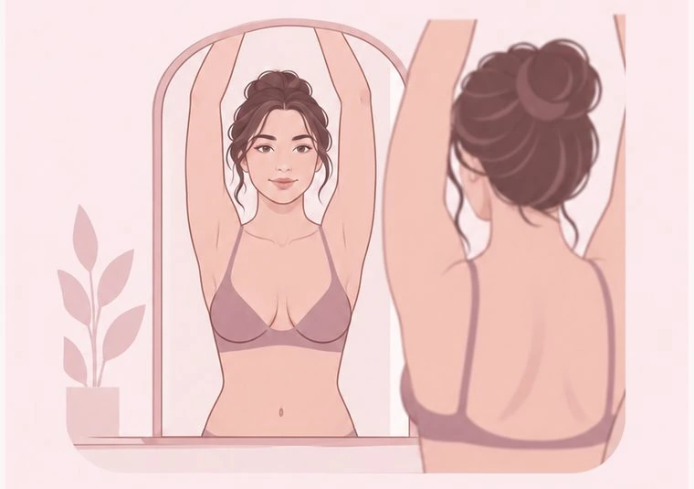 Standing in front of a mirror with both arms lifted overhead, looking for dimpling or puckering