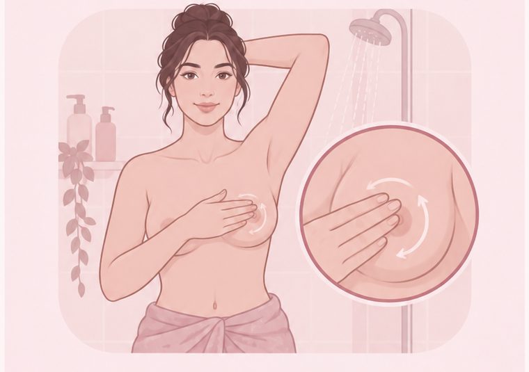 Standing in the shower, using the pads of three fingers to check the breast in small circles