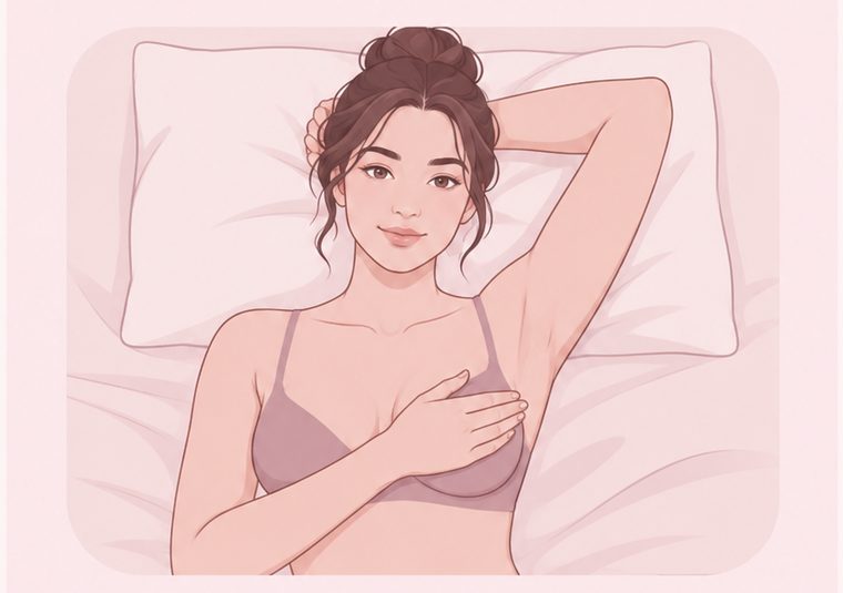 Lying down with one arm behind the head, using the opposite hand to check the breast and underarm
