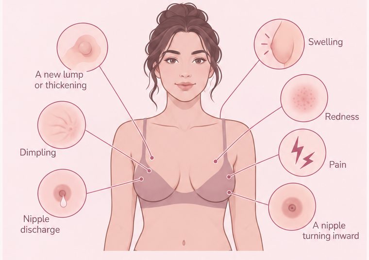 Diagram showing signs to notice: a new lump or thickening, dimpling, nipple discharge, swelling, redness, pain, and a nipple turning inward